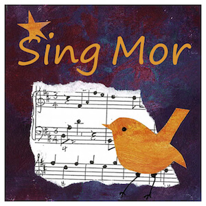 Logo with the words "Sing Mor", some music, a bird and a star with a purple background